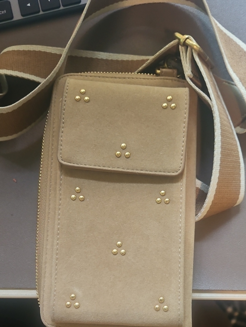 Neutral Beige Suede Crossbody Phone Bag with Gold Stud Accents